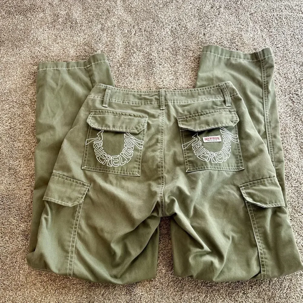 True Religion Green Cargo Pants Mens 30x32 Corpcore Grunge Punk Y2K Style Baggy